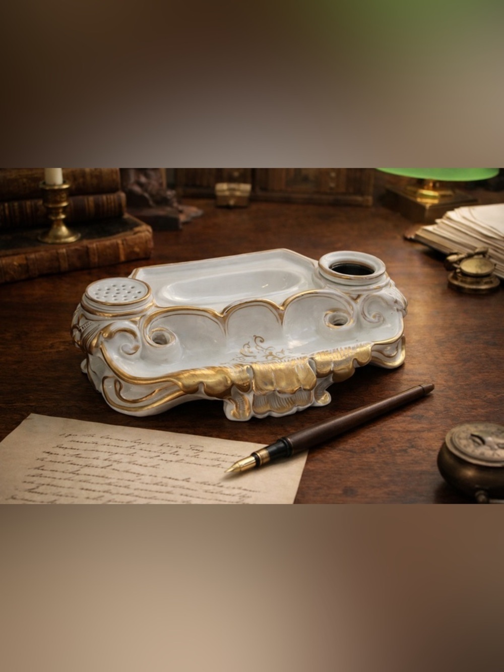 Antique Vintage Old Paris Porcelain Inkwell Sander Inkstand Gold Gilded Rococo